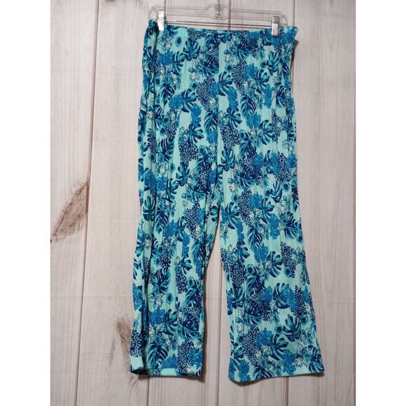 Jaclyn Smith Pants Ladies Large Teal Tropical Pull On Waist - Picture 1 of 7